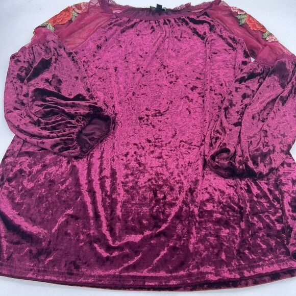 Suzanne Betro Crushed Velvet Embroidered Sleeve Top Size 1X Red - Picture 1 of 4